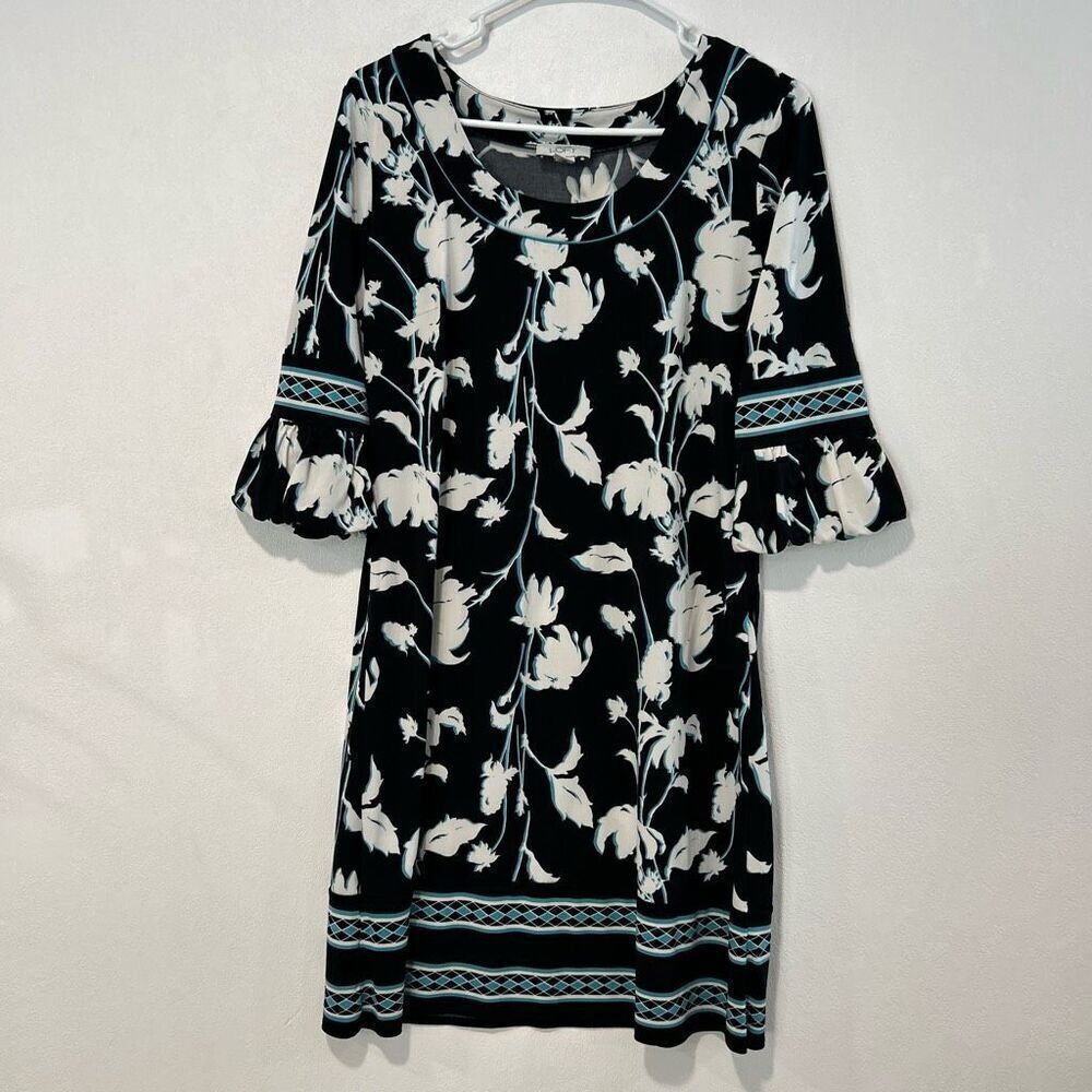 Ann Taylor LOFT Floral Shift Dress Black White Blue Ruffle Sleeve Size 6